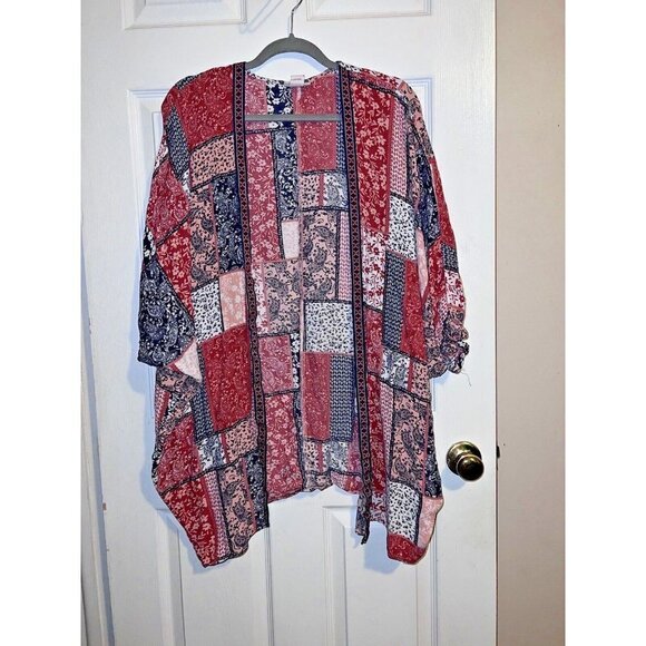 ARIAT BETH Patchwork Western Country Red Blue Oversize Kimono Duster S/M - Picture 2 of 12